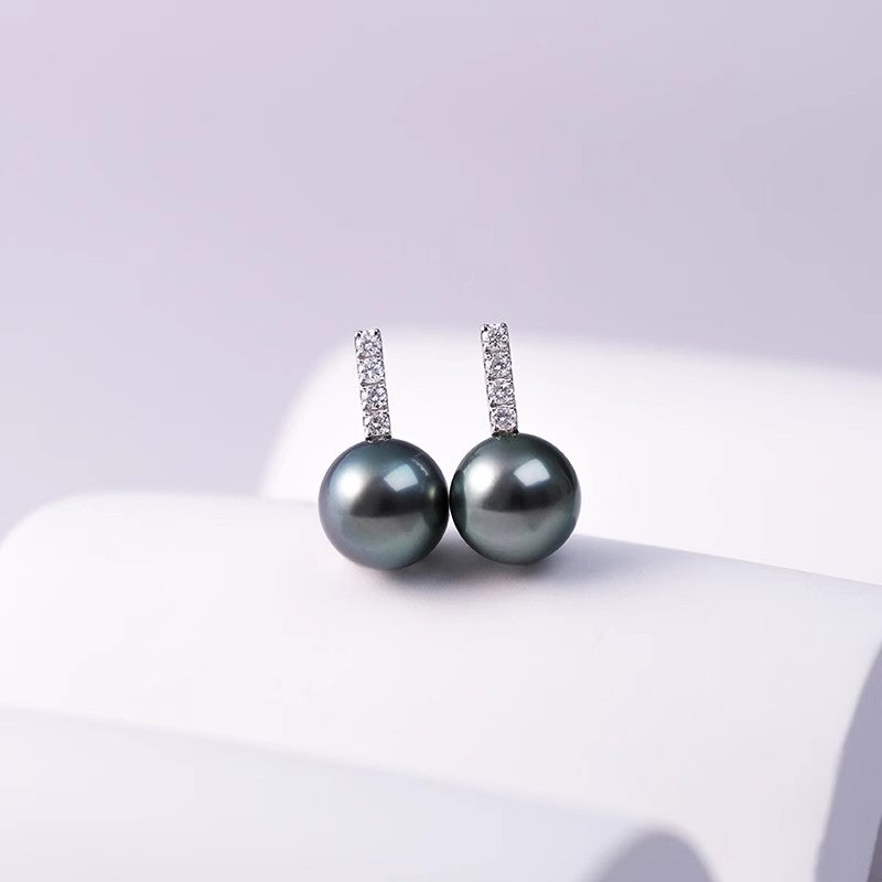 18K金大溪地黑珍珠鑽石耳環 女款
