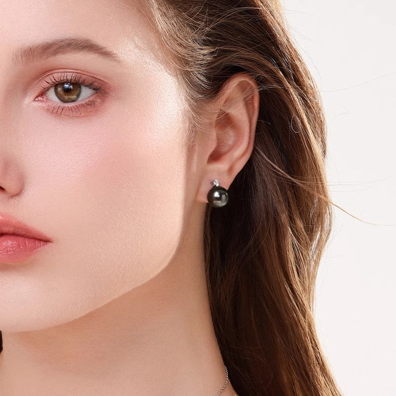 Black pearl and diamond earrings, 18K gold Princess Diana earrings, elegant women's earrings