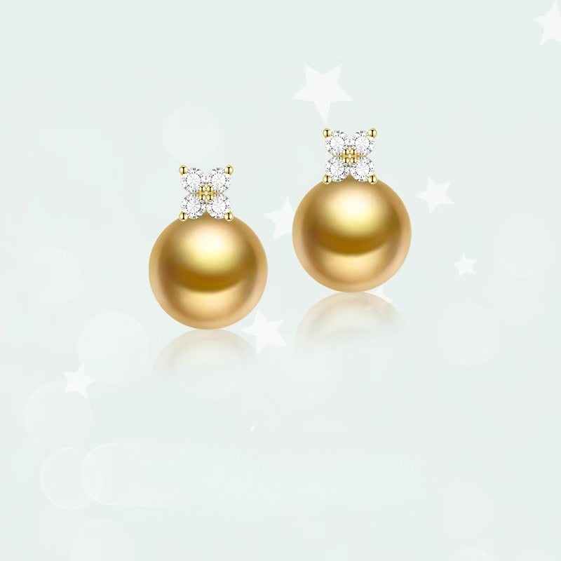 18K Gold Pearl Earrings, Lucky Clover and Diamond Earrings, Elegant Professional Women's Earrings