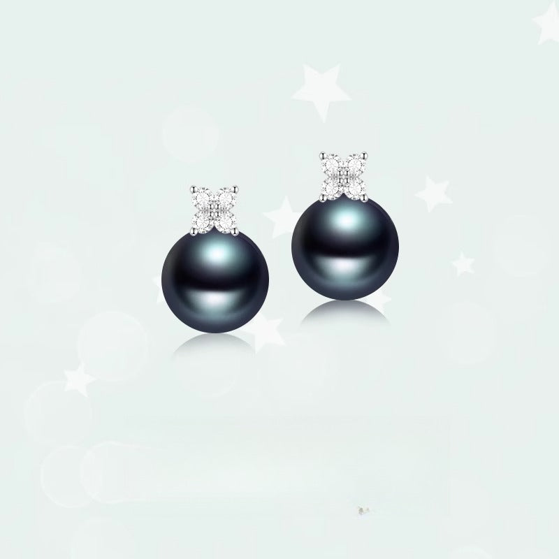 Black pearl earrings, 18K gold women's lucky clover diamond earrings, elegant commuter earrings