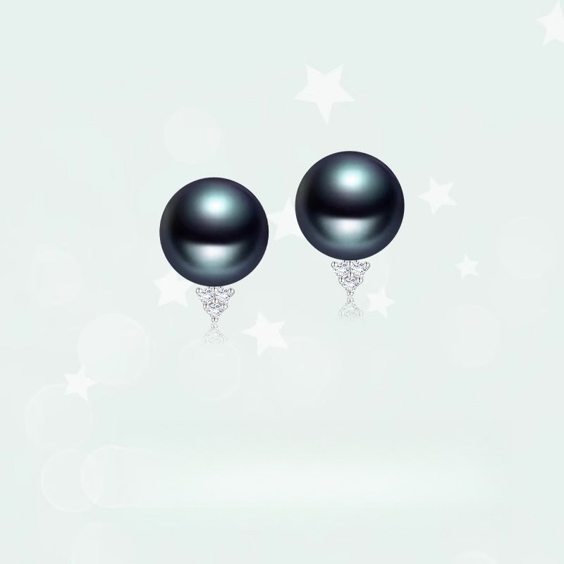 Black pearl earrings, 18K gold, natural diamond earrings, elegant and suitable for everyday wear.