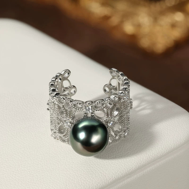 Tahitian Black Pearl Open Ring S925 Silver Elegant Chic Vintage High-End Jewelry