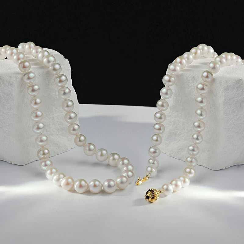 GOSELON JEWELRY High Luster Natural Freshwater Pearl Necklace Near Round Pearl Strand Clavicle Chain Elegant Pearl String Jewelry