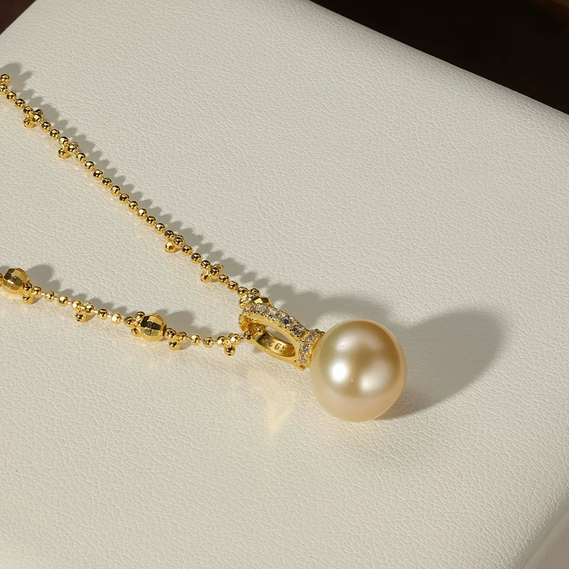South Sea Gold Pearl Pendant S925 Silver Necklace Saltwater Pearl Collarbone Chain Light Luxury High-End Neck Ornament Versatile Necklace