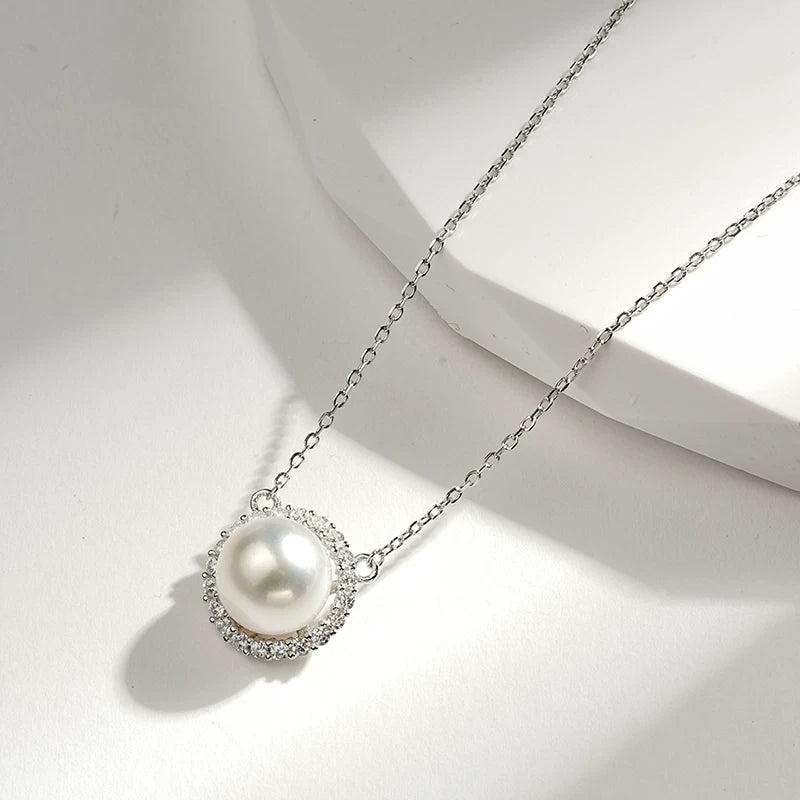 White Edison Pearl Pendant Hoop Necklace S925 Silver Clavicle Chain Freshwater Pearl Jewelry Gift for Girlfriend