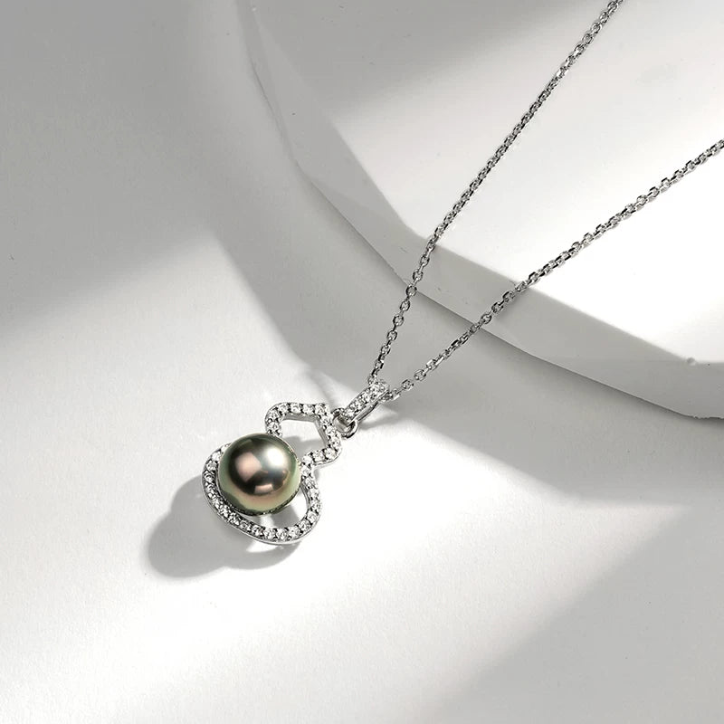 Tahitian Black Pearl Gourd Pendant Necklace, S925 Silver, Elegant Jewelry, Seawater Pearl Choker, Neck Ornament for Women