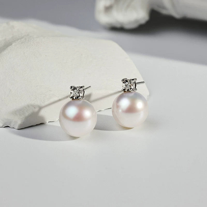 Akoya Pearl Stud Earrings 18K Gold Princess Style Round Seawater Pearl Earrings High-End Jewelry Elegant Women's