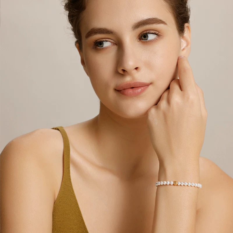Natural Freshwater Pearl Bracelet, 18K Gold Ingot Pattern Beads, Elastic Cord Bracelet, Versatile and High-End