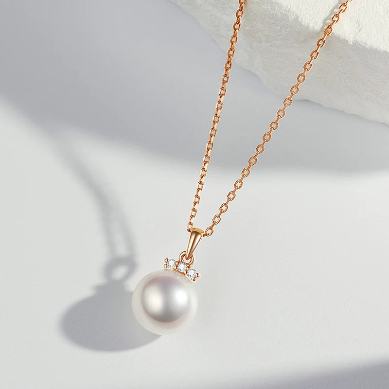 Akoya Pearl Pendant Necklace, 18K Gold Diamond Necklace, Round Akoya Pearl Collarbone Chain, High-End Jewelry