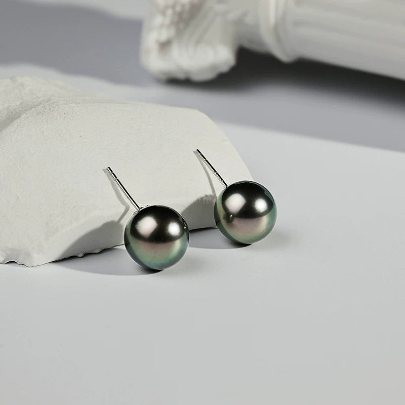 Tahitian Black Pearl Stud Earrings 18K Gold Earrings Perfectly Round Seawater Pearl Earrings High-End Versatile Jewelry