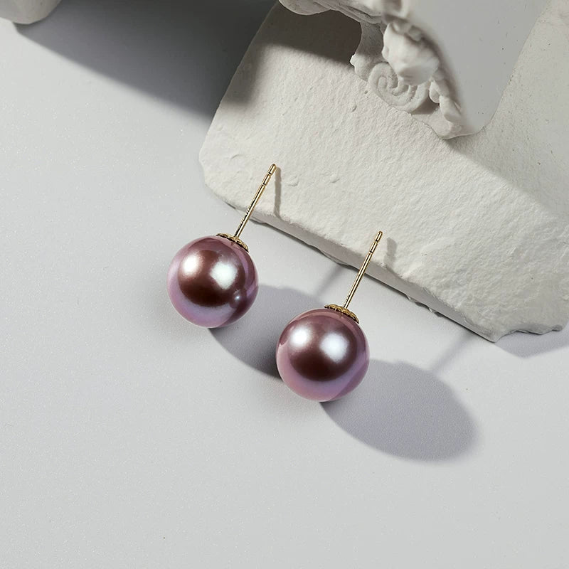 Purple Edison Pearl Stud Earrings, 18K Gold, Natural Freshwater Pearl Earrings, Simple Earrings, Dangle Earrings for Women, Gift