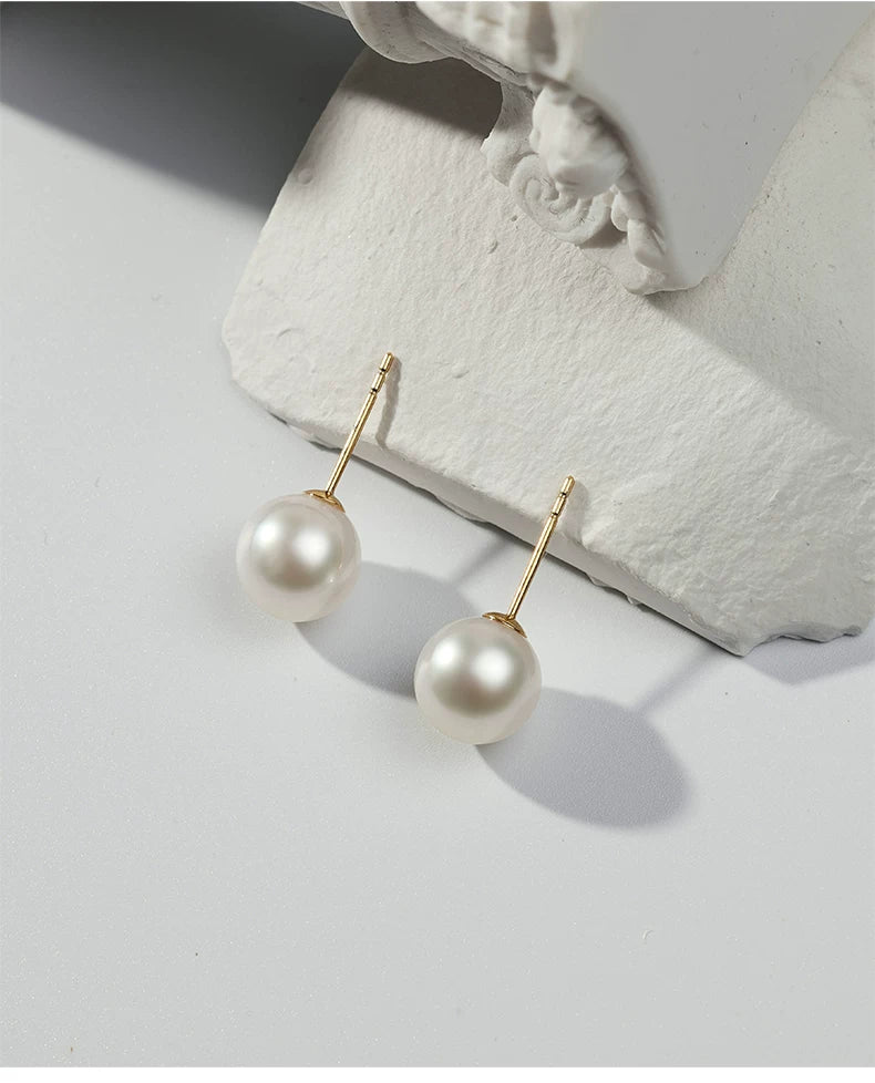 White Edison Pearl Stud Earrings, 18K Gold, Perfectly Round Freshwater Pearl Earrings, Elegant Drop Earrings, Gift
