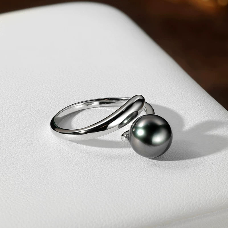 Tahitian Black Pearl Open Ring S925 Silver Natural Seawater Pearl Ring Simple Elegant Ring Jewelry