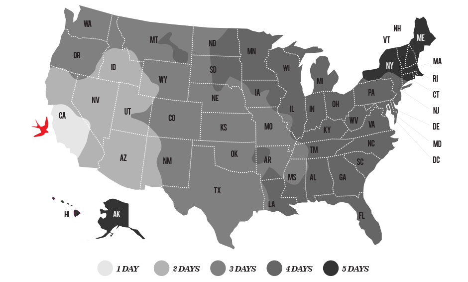 Map of America colored with delivery times and detailed in the below table.