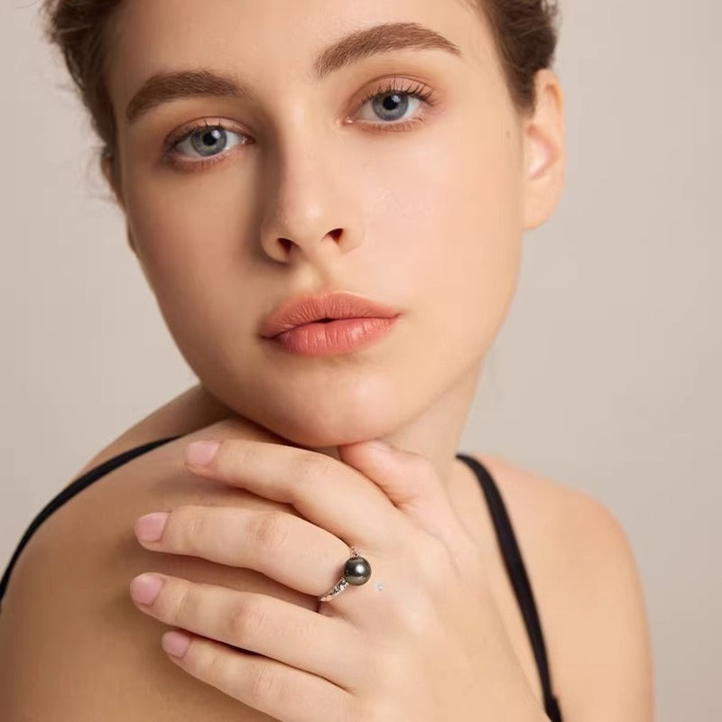 Tahitian Black Pearl Open Ring S925 Silver Elegant Seawater Pearl Ring Lightweight Luxury Hand Ornament High-End Women's