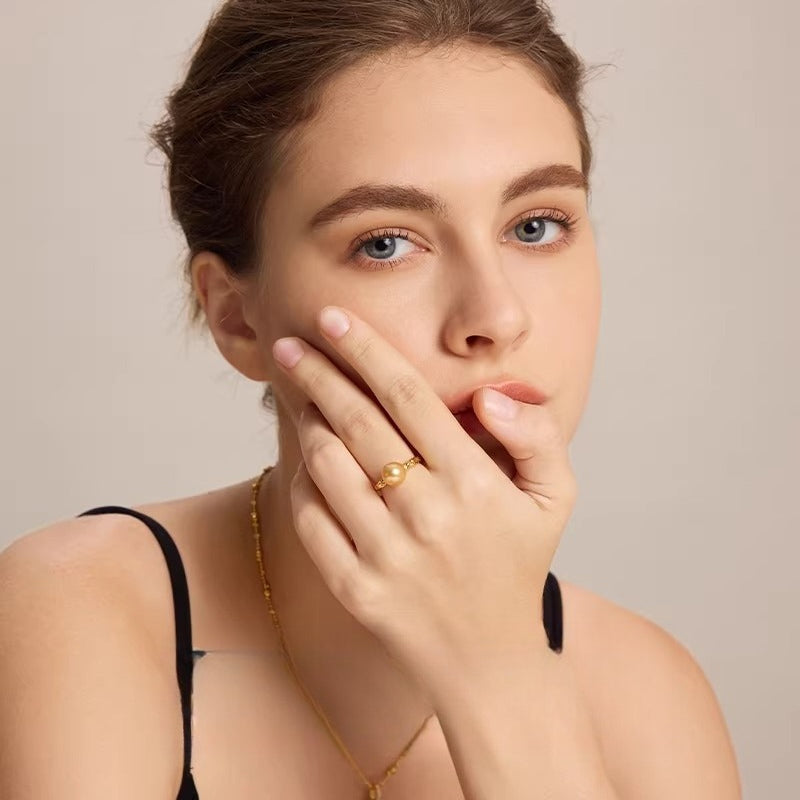 South Sea Gold Pearl Open Ring S925 Silver Saltwater Pearl Ring Elegant Versatile Women's Jewelry Gift