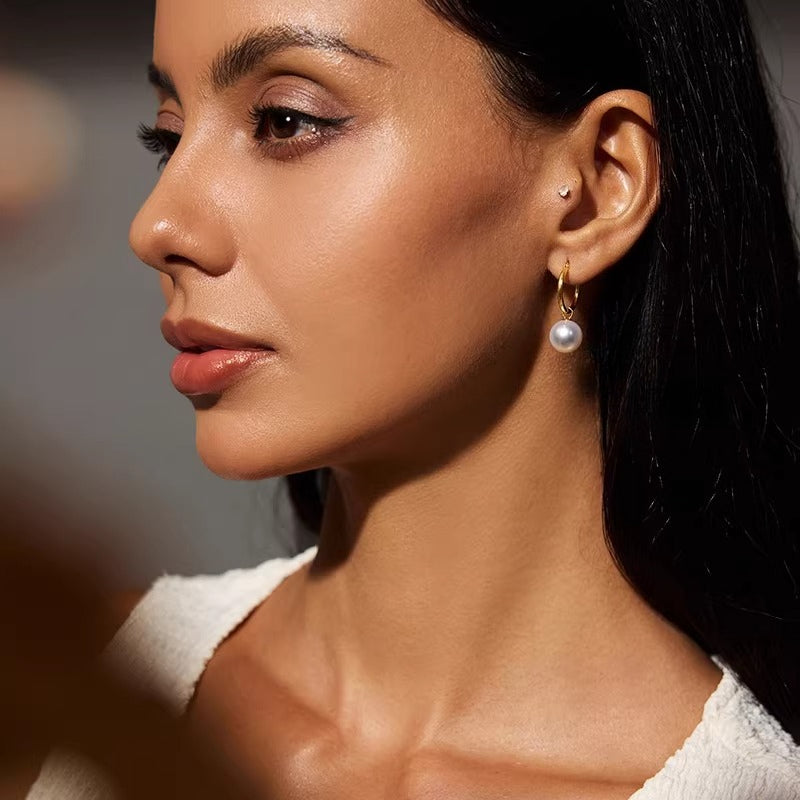 Natural Freshwater Pearl Earrings, Thick 18K Gold Hoop Earrings, Two-Way Wear, Strong Luster Pearl Drop Earrings, Elegant Jewelry for Women