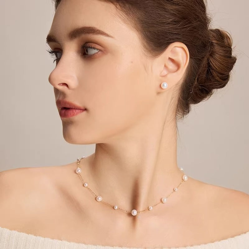 Natural Freshwater Pearl "Full Sky Stars" 18K Gold Necklace, Fashionable and Versatile Clavicle Chain, Designed for Women