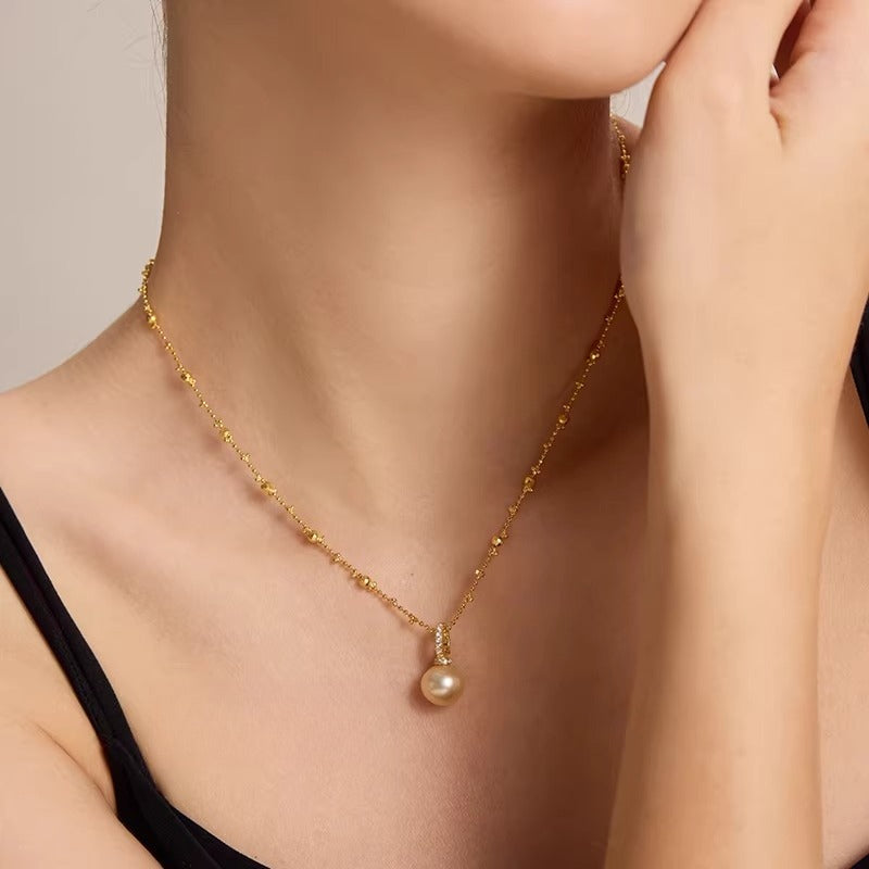 South Sea Gold Pearl Pendant S925 Silver Necklace Saltwater Pearl Collarbone Chain Light Luxury High-End Neck Ornament Versatile Necklace