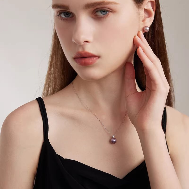 Purple Edison Pearl Pendant, Princess Diana Style, 18K Gold, Perfect Round, High Luster Pearl Clavicle Necklace, Gift for Girlfriend