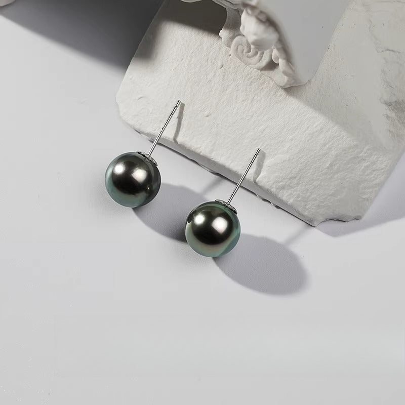 Tahitian Black Pearl Stud Earrings 18K Gold Earrings Perfectly Round Seawater Pearl Earrings High-End Versatile Jewelry