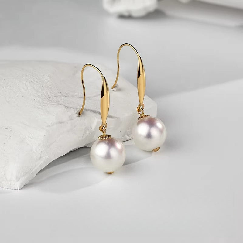 Akoya Pearl Ear Hooks, 18K Gold Round Seawater Pearl Earrings, French Style Dangle Earrings, High-End Gift