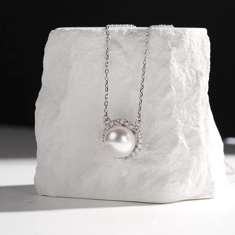 White Edison Pearl Pendant Hoop Necklace S925 Silver Clavicle Chain Freshwater Pearl Jewelry Gift for Girlfriend