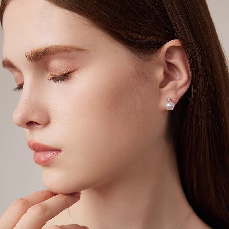 Akoya Pearl Stud Earrings 18K Gold Princess Style Round Seawater Pearl Earrings High-End Jewelry Elegant Women's