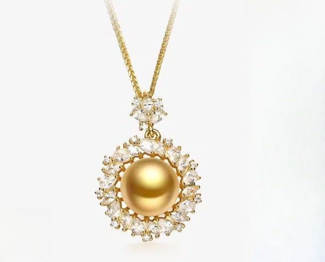 South Sea Gold Pearl Sunflower Pendant S925 Silver Necklace Clavicle Chain Natural Seawater Pearl Lightweight Luxury Jewelry