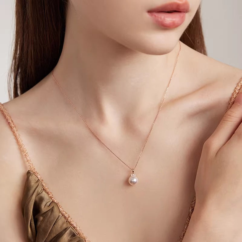 Akoya Pearl Pendant Necklace, 18K Gold Diamond Necklace, Round Akoya Pearl Collarbone Chain, High-End Jewelry