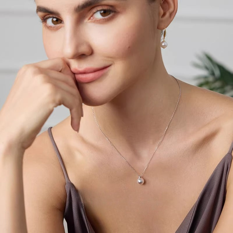 Akoya Pearl Pendant, Princess Diana Style, 18K Gold Diamond Necklace, Perfectly Round Seawater Pearl, Collarbone Chain, High-End Jewelry