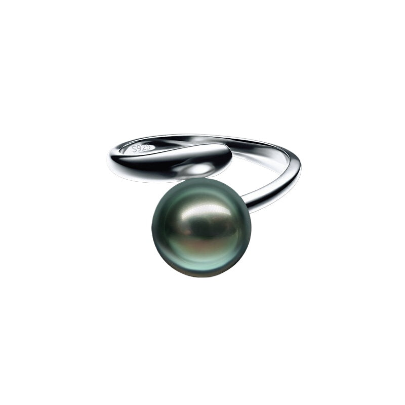 Tahitian Black Pearl Open Ring S925 Silver Natural Seawater Pearl Ring Simple Elegant Ring Jewelry