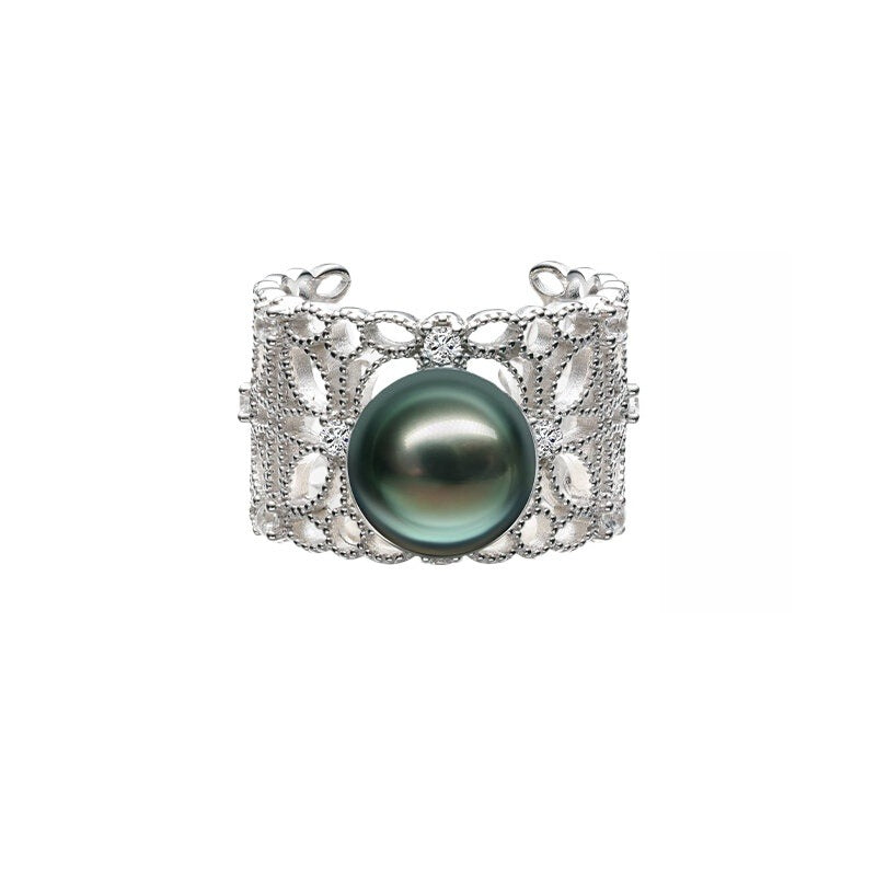 Tahitian Black Pearl Open Ring S925 Silver Elegant Chic Vintage High-End Jewelry