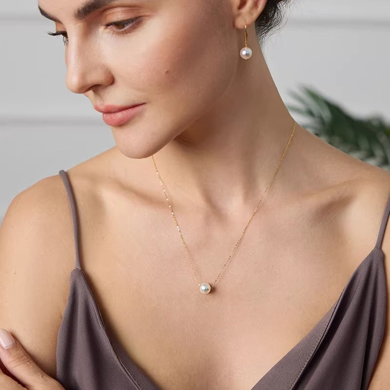 Akoya Seawater Pearl Lucky Charm Necklace, 18K Gold Pendant, Simple Clavicle Chain Jewelry, Versatile Necklace, Fine Jewelry