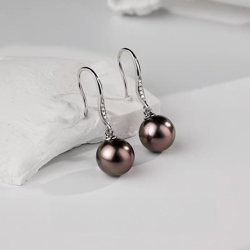 Tahitian Black Pearl Earrings 18K Gold Hooks Diamond Sea Pearl Light Luxury Drop Earrings High-End Jewelry