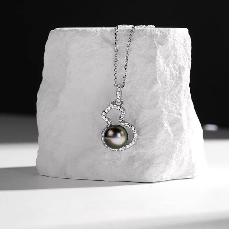 Tahitian Black Pearl Gourd Pendant Necklace, S925 Silver, Elegant Jewelry, Seawater Pearl Choker, Neck Ornament for Women