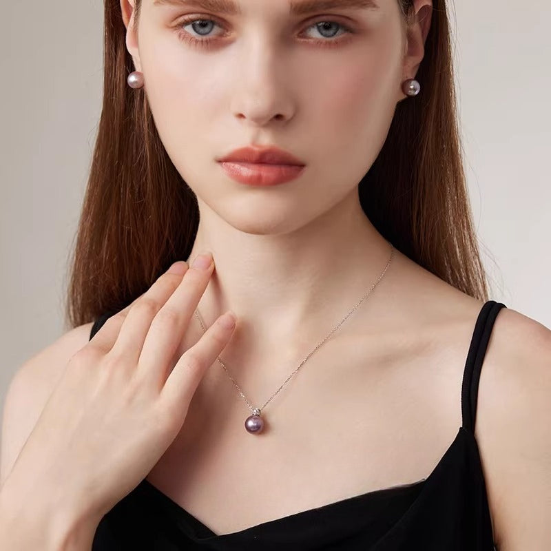 Purple Edison Pearl Pendant, Princess Diana Style, 18K Gold, Perfect Round, High Luster Pearl Clavicle Necklace, Gift for Girlfriend