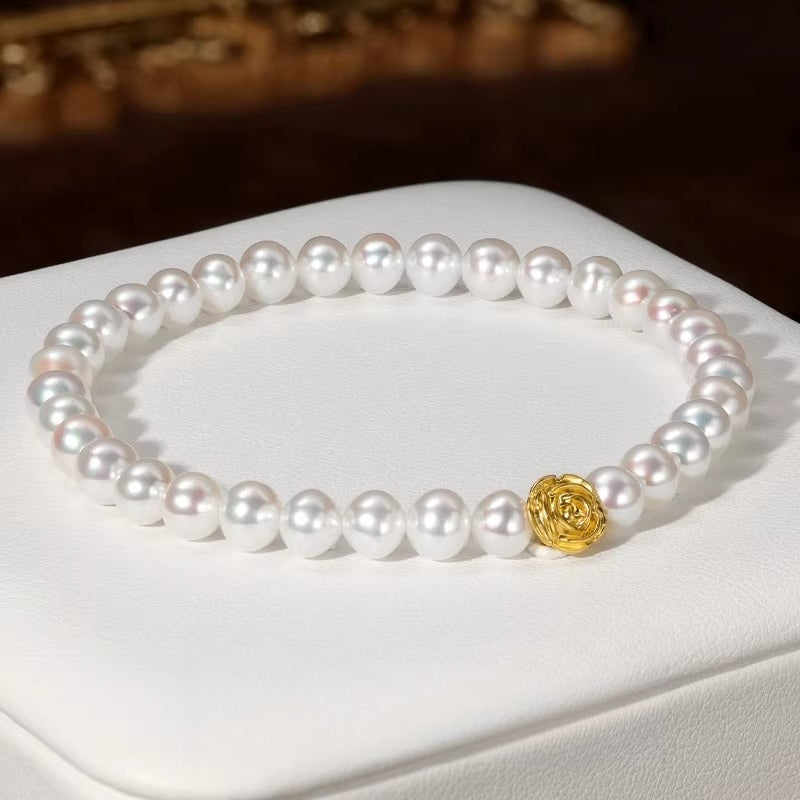 999 Gold Rose Natural Freshwater Pearl Bracelet, Elegant Women's Beaded Bracelet, Simple and Versatile Accessory, Light Luxury Jewelry Gift