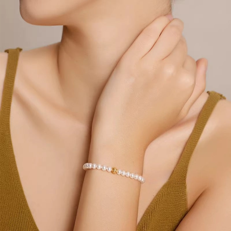 Natural Freshwater Pearl Bracelet, 18K Gold Ingot Pattern Beads, Elastic Cord Bracelet, Versatile and High-End