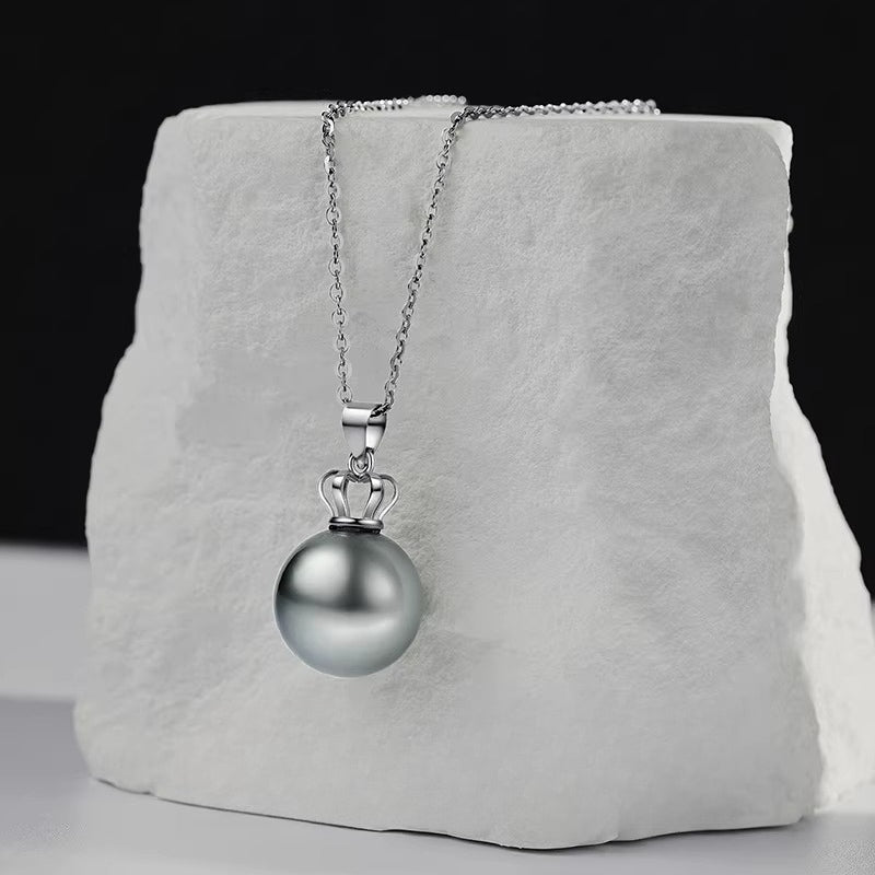 Tahitian Grey Pearl Pendant Crown 18K Gold Necklace Platinum Grey Perfectly Round Saltwater Pearl Choker High-End Women's