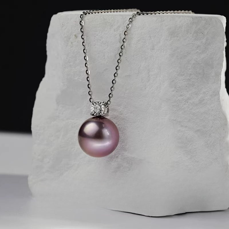 Purple Edison Pearl Pendant, Princess Diana Style, 18K Gold, Perfect Round, High Luster Pearl Clavicle Necklace, Gift for Girlfriend