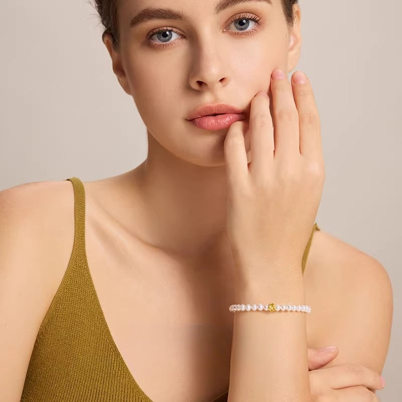 999 Gold Rose Natural Freshwater Pearl Bracelet, Elegant Women's Beaded Bracelet, Simple and Versatile Accessory, Light Luxury Jewelry Gift