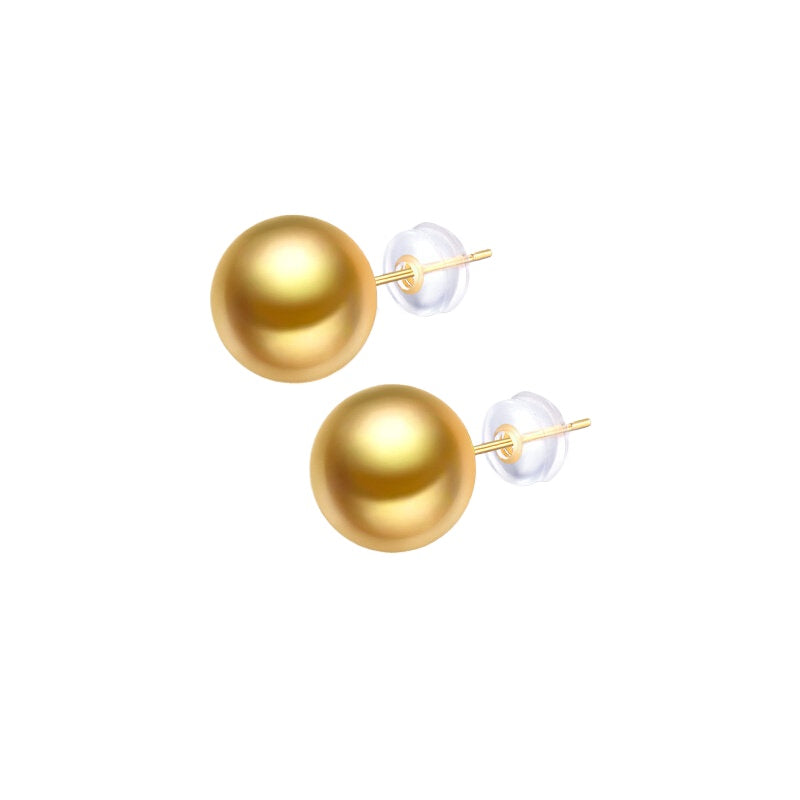 South Sea pearl earrings, 18K gold, perfectly round natural seawater pearls, elegant and high-quality jewelry.