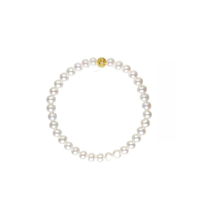 Natural Freshwater Pearl Bracelet, 18K Gold Ingot Pattern Beads, Elastic Cord Bracelet, Versatile and High-End