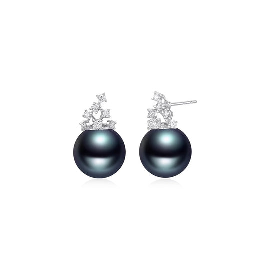 18K Gold Tahitian Black Pearl Diamond Earrings for Women