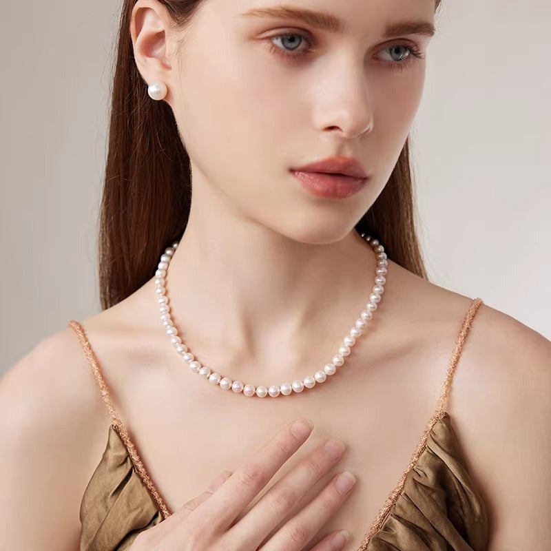 GOSELON JEWELRY High Luster Natural Freshwater Pearl Necklace Near Round Pearl Strand Clavicle Chain Elegant Pearl String Jewelry