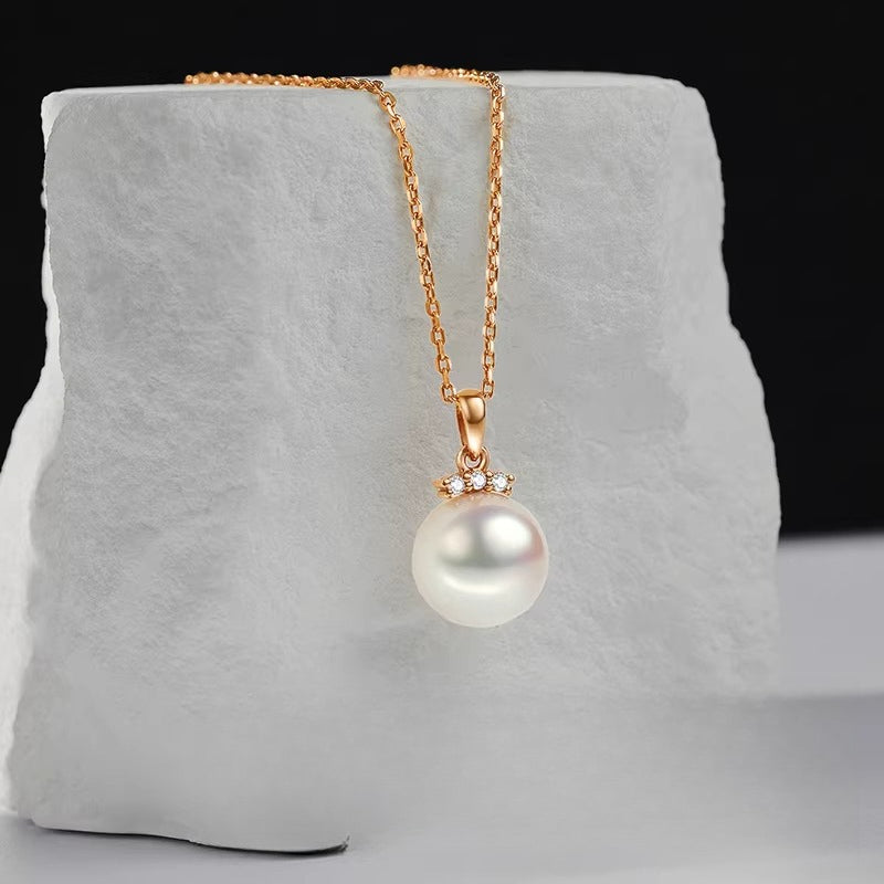 Akoya Pearl Pendant Necklace, 18K Gold Diamond Necklace, Round Akoya Pearl Collarbone Chain, High-End Jewelry