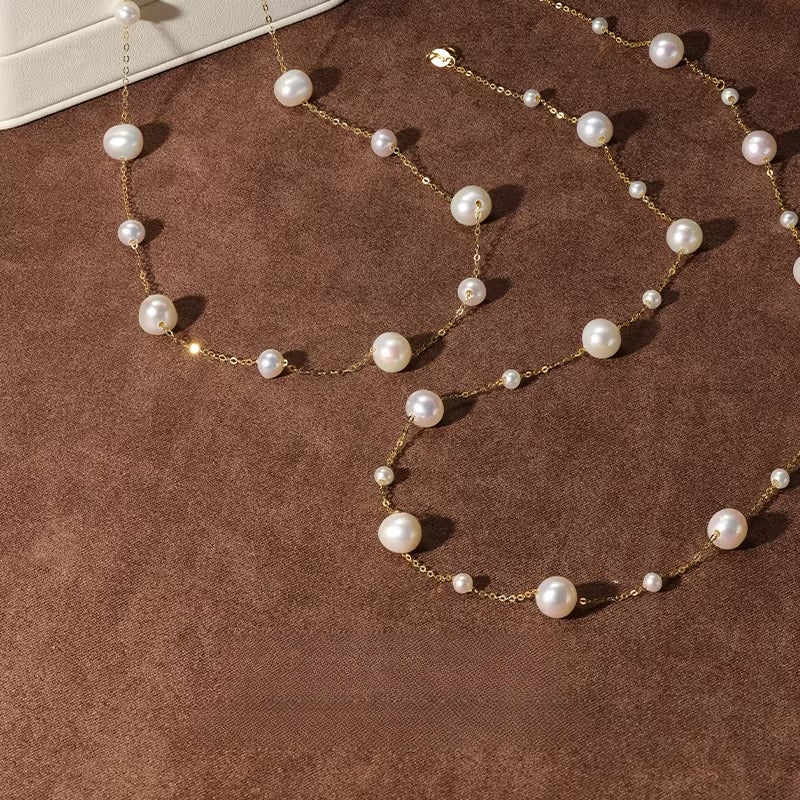 Natural Freshwater Pearl "Full Sky Stars" 18K Gold Necklace, Fashionable and Versatile Clavicle Chain, Designed for Women