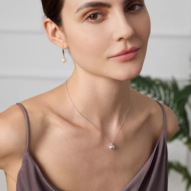 Akoya Pearl Pendant, Princess Diana Style, 18K Gold Diamond Necklace, Perfectly Round Seawater Pearl, Collarbone Chain, High-End Jewelry
