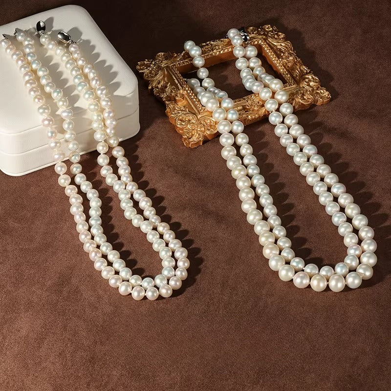 High-Quality Freshwater Pearl Necklace S925 Silver Beaded Chain Versatile Choker Natural Pearl Strand Sweater Chain Gift